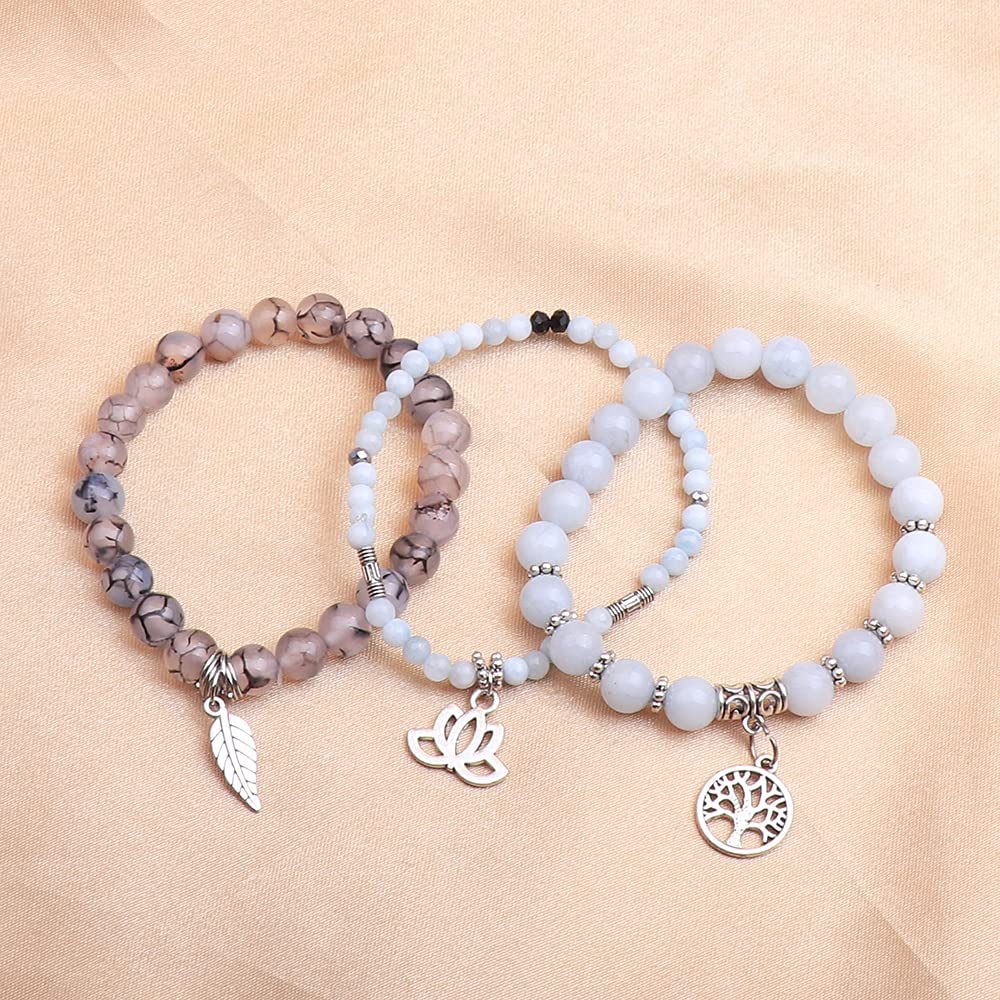 Tree of Life Yoga Healing Stone Bracelets, Multilayer Lotus Chakra, Aquamarine Dragon Pattern