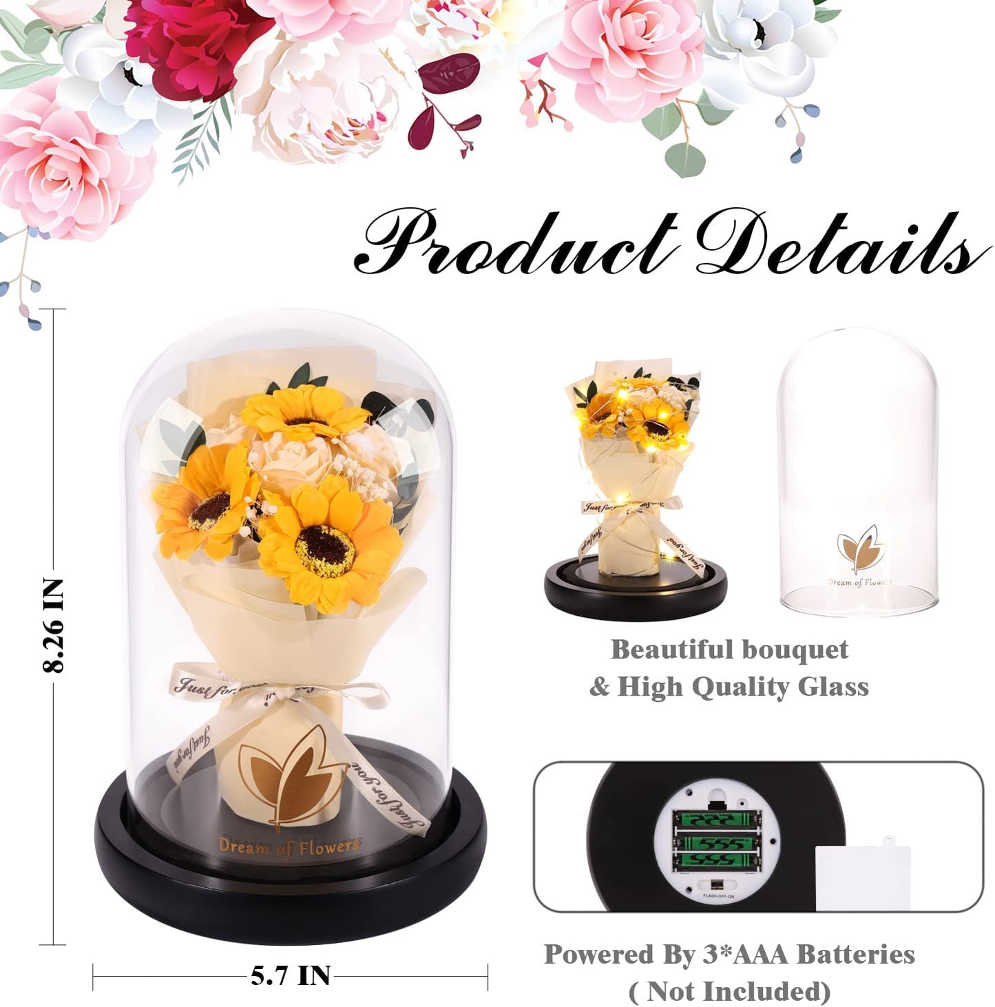 Valentines Flowers Gifts Artificial Flowers Bouquets, Sunflower Rose Flower Gift in Glass Dome