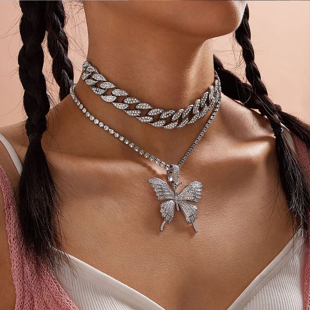 Layered Necklace for Women Butterfly Chunky Choker Link Chain CZ Daimend Pendant Necklace Handmade Dainty Layering Necklaces