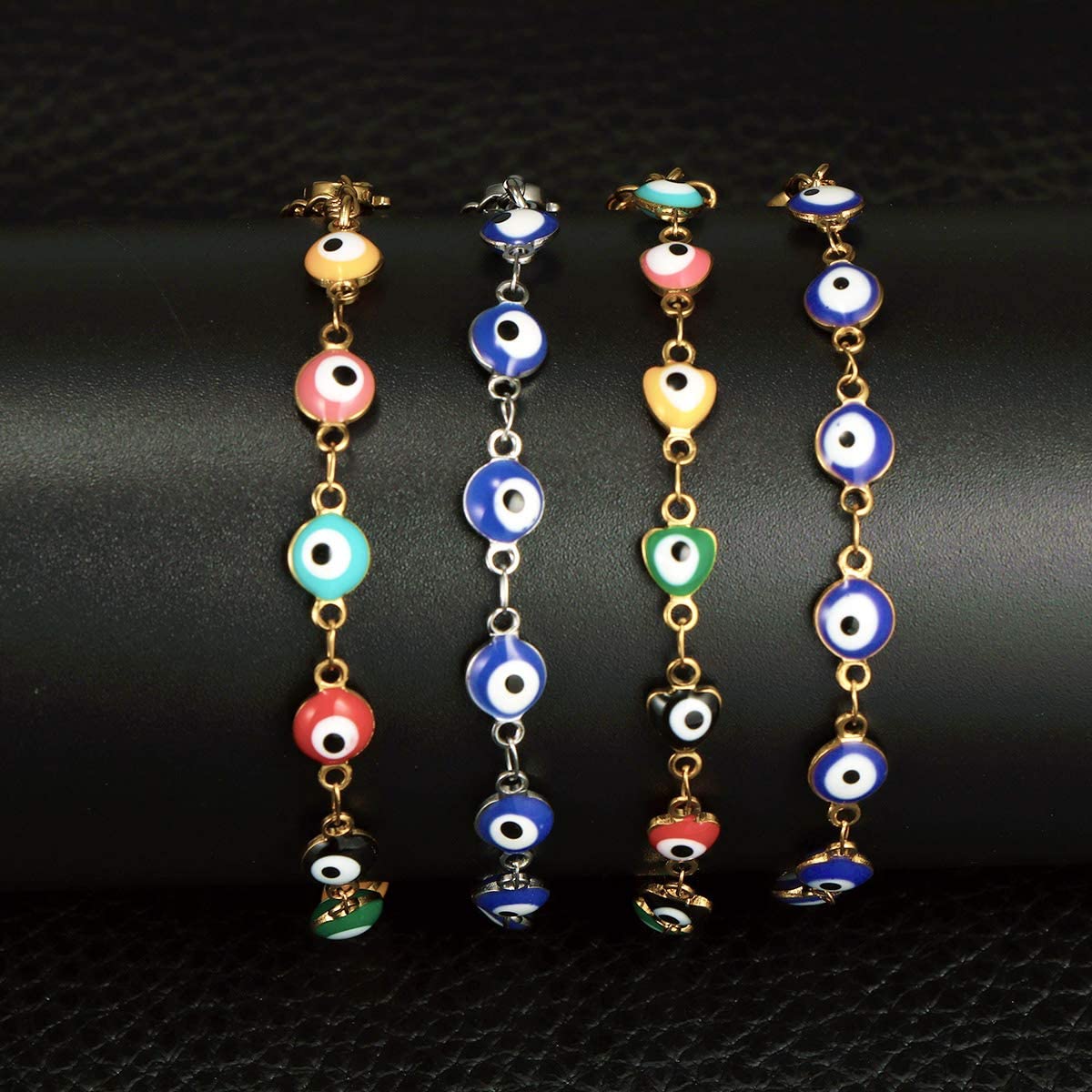 3 Pcs Evil Eye Bracelets for Women Men Girls 18K Gold Plated Stainless Steel Colorful