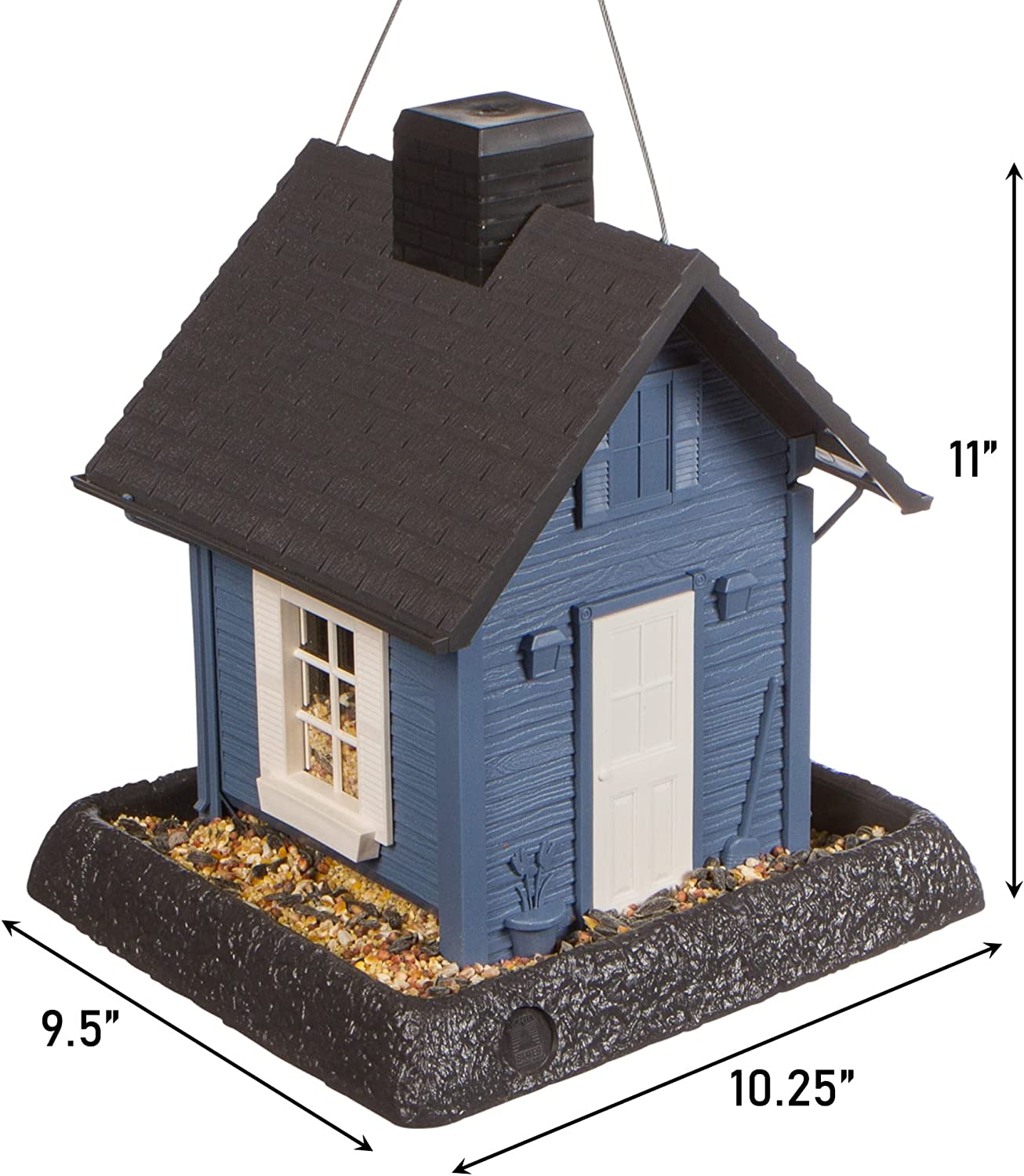 Blue Cottage Birdfeeder: Easy Fill & Clean. Squirrel Proof Hanging Cable included, or Pole Mount (pole sold separately). Large, 5 pound Seed Capacity (9.5 x 10.25 x 11, Blue)