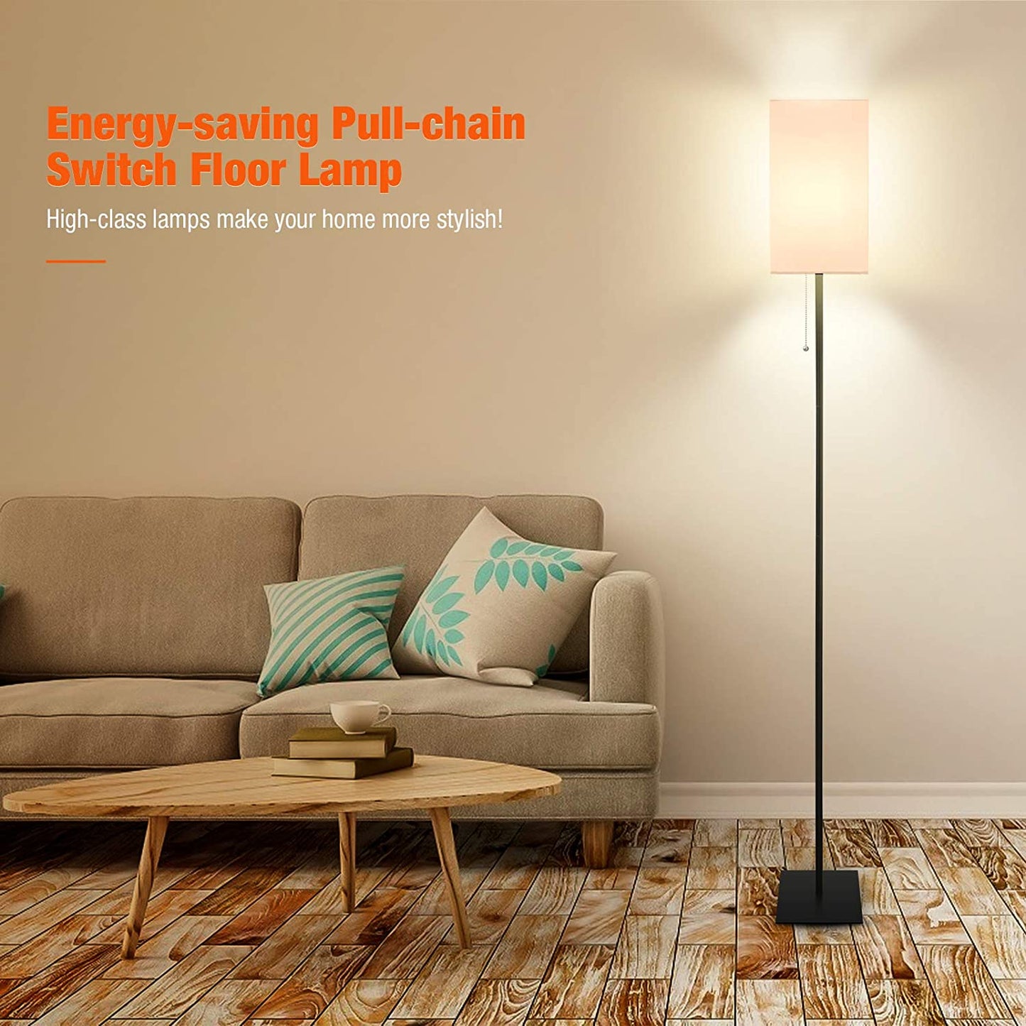 Floor Lamps for Living Room, Modern Standing Tall Lamp w/ Square Linen Shade, Bulb Included, Black