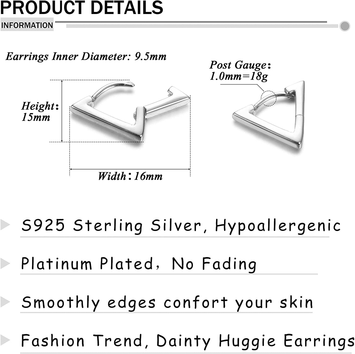 925 Sterling Silver Small Hoop Earrings 18K Gold Plated, Silver Triangle Huggie Hoop Earrings