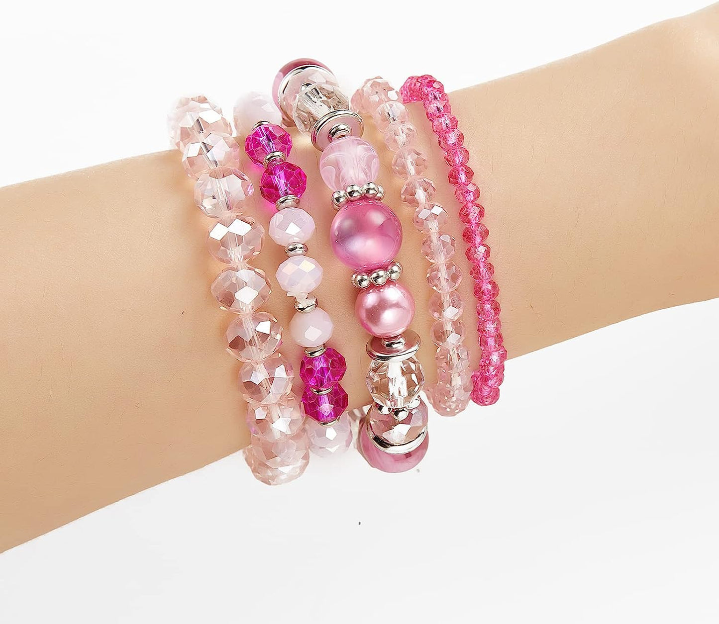 Hot Pink Beaded Boho Stretch Bracelet Colorful Stackable Crystal Beads Bracelets