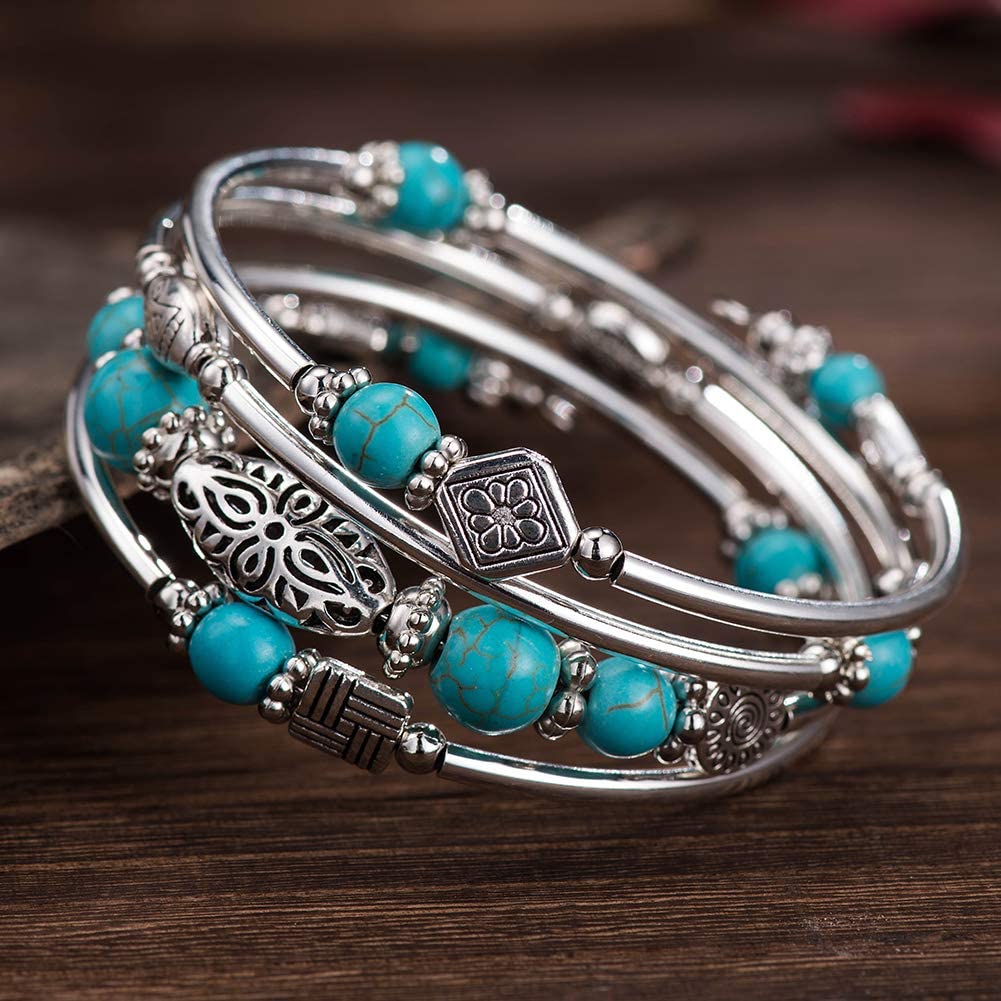 Layered Wrap Bangle Turquoise Bracelet-Bead Bracelet w/ Natural Agate Stone, 01-Turquoise