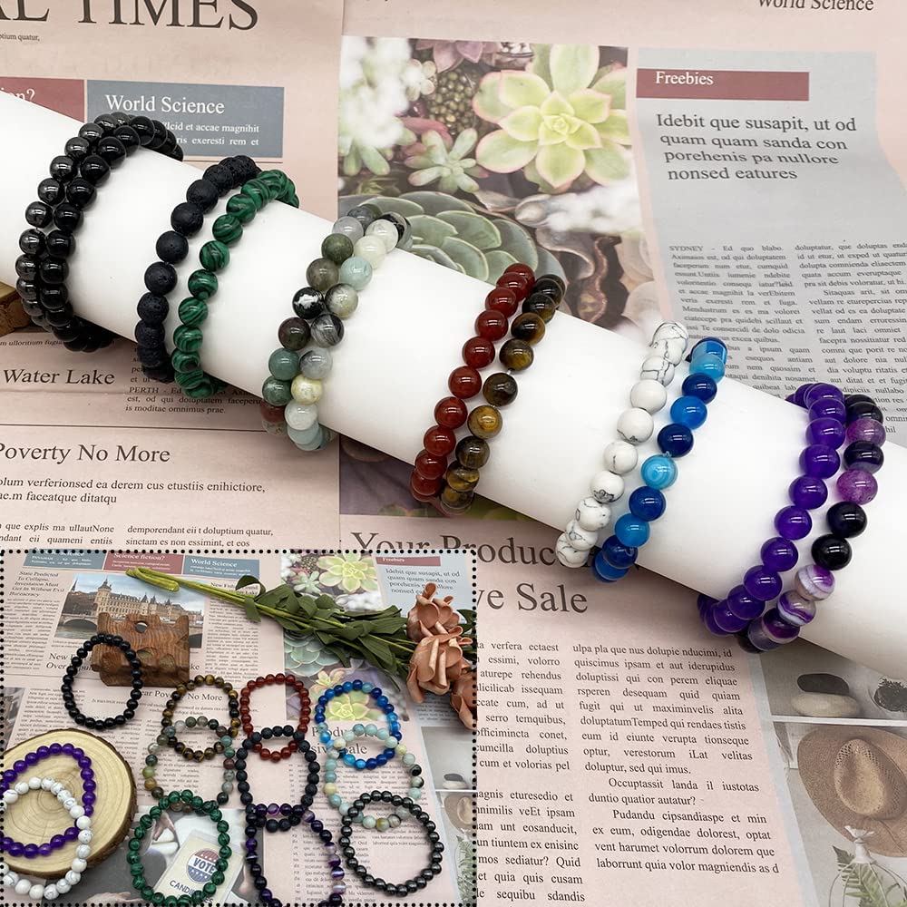 12 Pcs 8mm Gemstones Beaded Bracelets for Men Women Stone Bead Healing Stretch