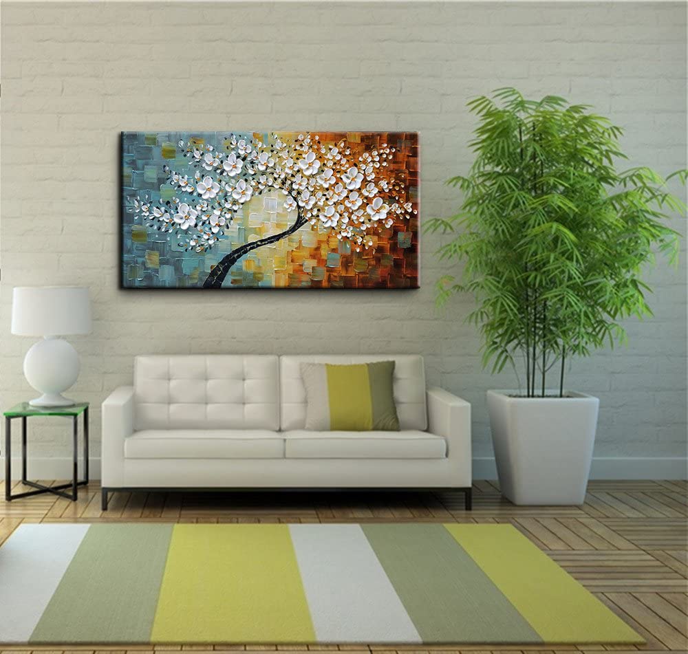 100% Hand-Painted Contemporary Oil Painting On Canvas Texture Palette Knife Tree Modern Home Interior Decor Abstract Art 3D Flowers Paintings Ready to Hang 24x48inch