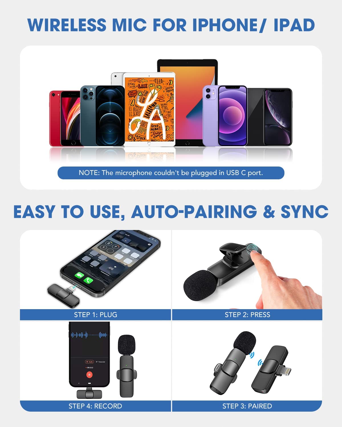 Wireless Lavalier Microphone for iPhone/iPad Mini Clip-on Microphone Wireless