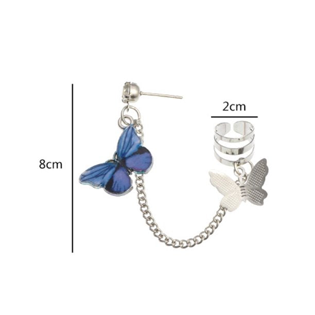 Blue Women Earring,1 Pack Punk Butterfly Dangle Ear Cuff Clip Chain Stud Earring Party Jewelry