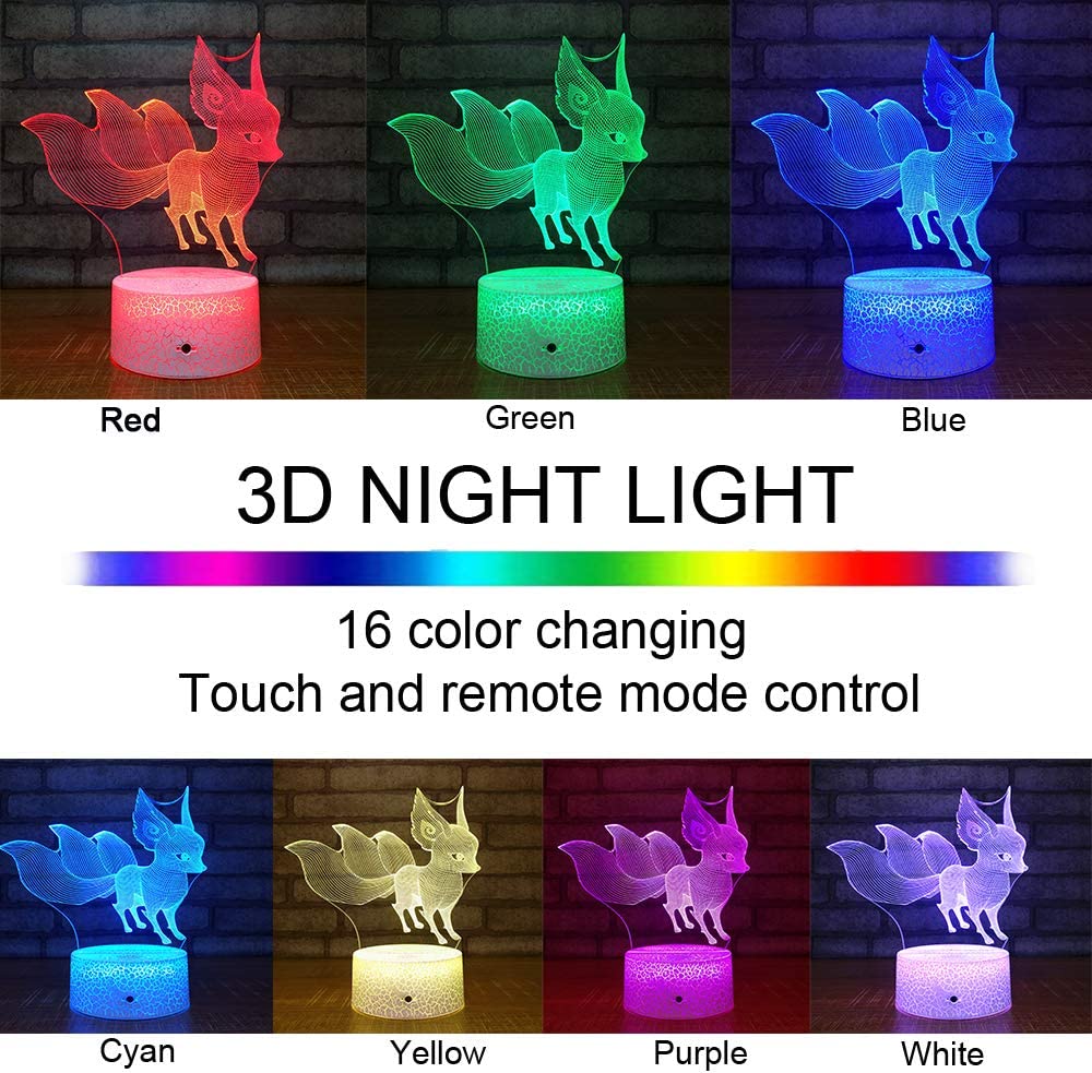 Kids Night Lights Bedside Lamp Fox 16 Colors with Remote 3D Night Light