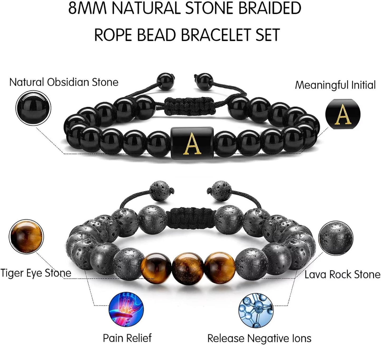 Christmas Gifts for Men Teen Boys - 8mm Tiger Eye Lava Rock Stone Beaded Bracelets for Men Initial Link Handmade Obsidian Mens Bracelet Personalized Birthday Christmas Gift for Husband Dad Boyfriend