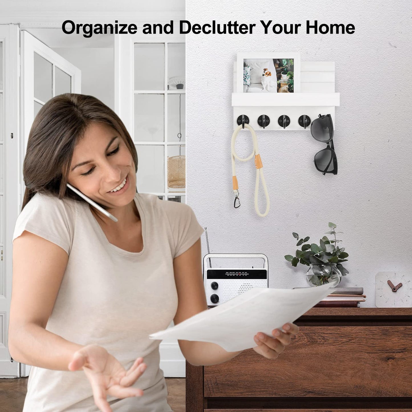 Key Holder for Wall, Decorative Key and Mail Holder with Shelf Has Large Key Hooks for Bags, Coats, Umbrella