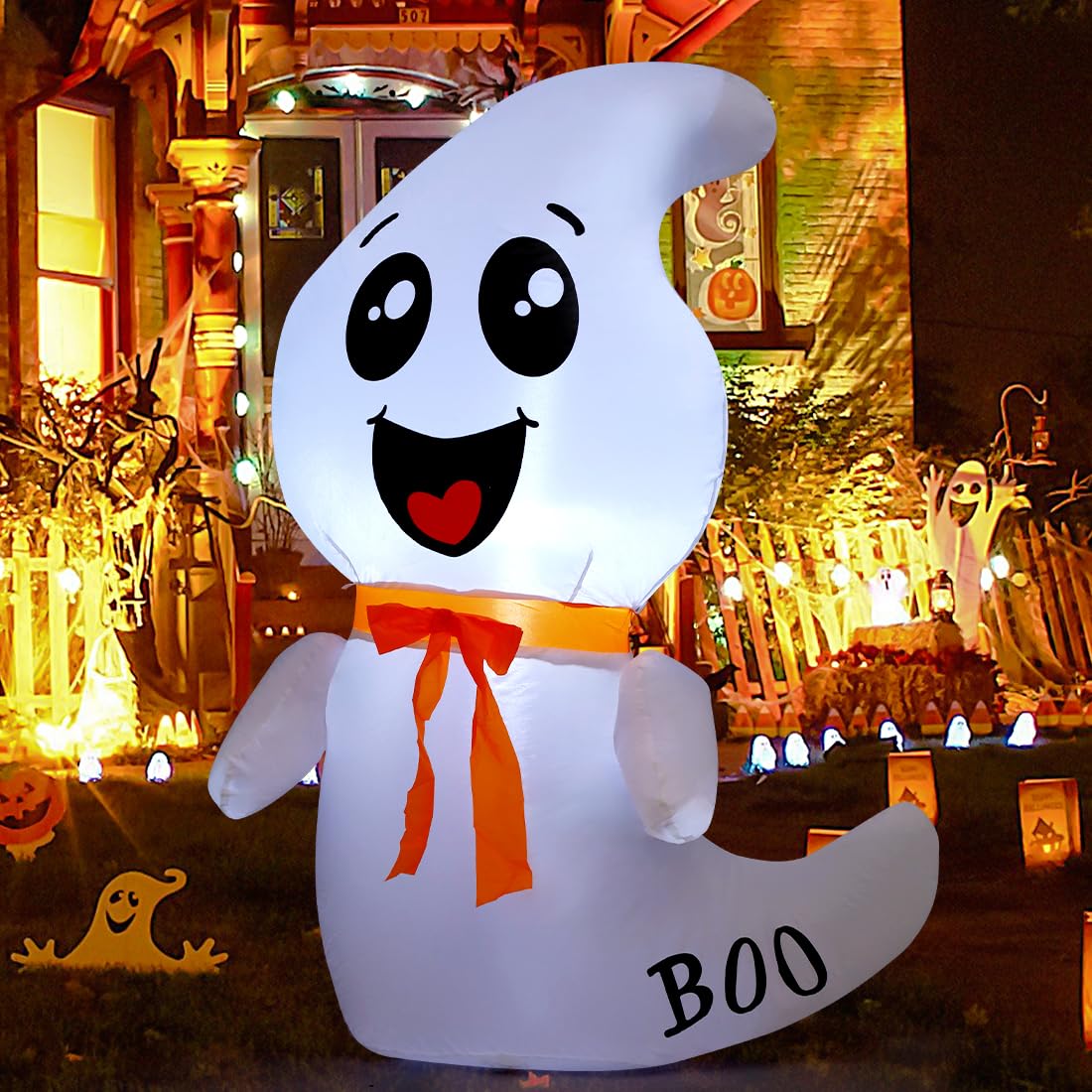 4 FT Cute Ghost Blow Up Yard with Built-in LEDs for Indoor /outdoor Garden Lawn Party Decorations