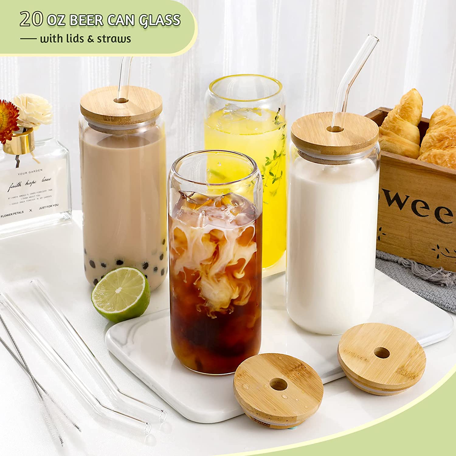 20 OZ Glass Cups with Bamboo Lids and Glass Straw - 4pcs Set Beer Can Shaped w/ 2 Cleaning Brushes