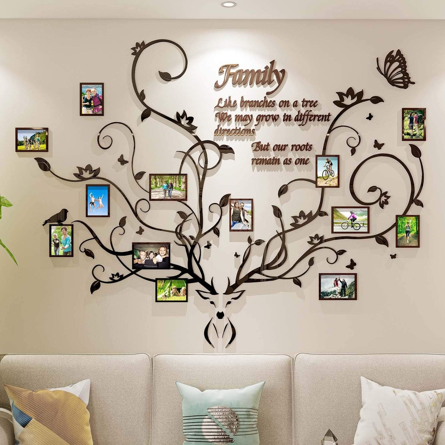 Antlers Family Tree Wall Decor for Living Room, 3D Removable Picture Frame Collage DIY Acrylic Stickers with Deer Head and Quote Family Like Branches on a Tree