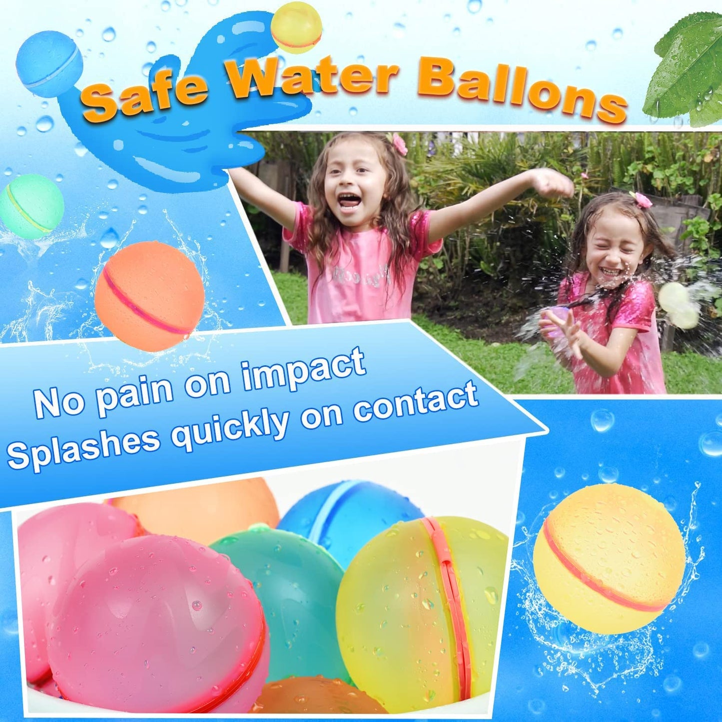 Reusable Water Balloons Self Sealing Easy Quick Fill, Silicone Water Balls Summer Fun Outdoor Toys (6 PCS)