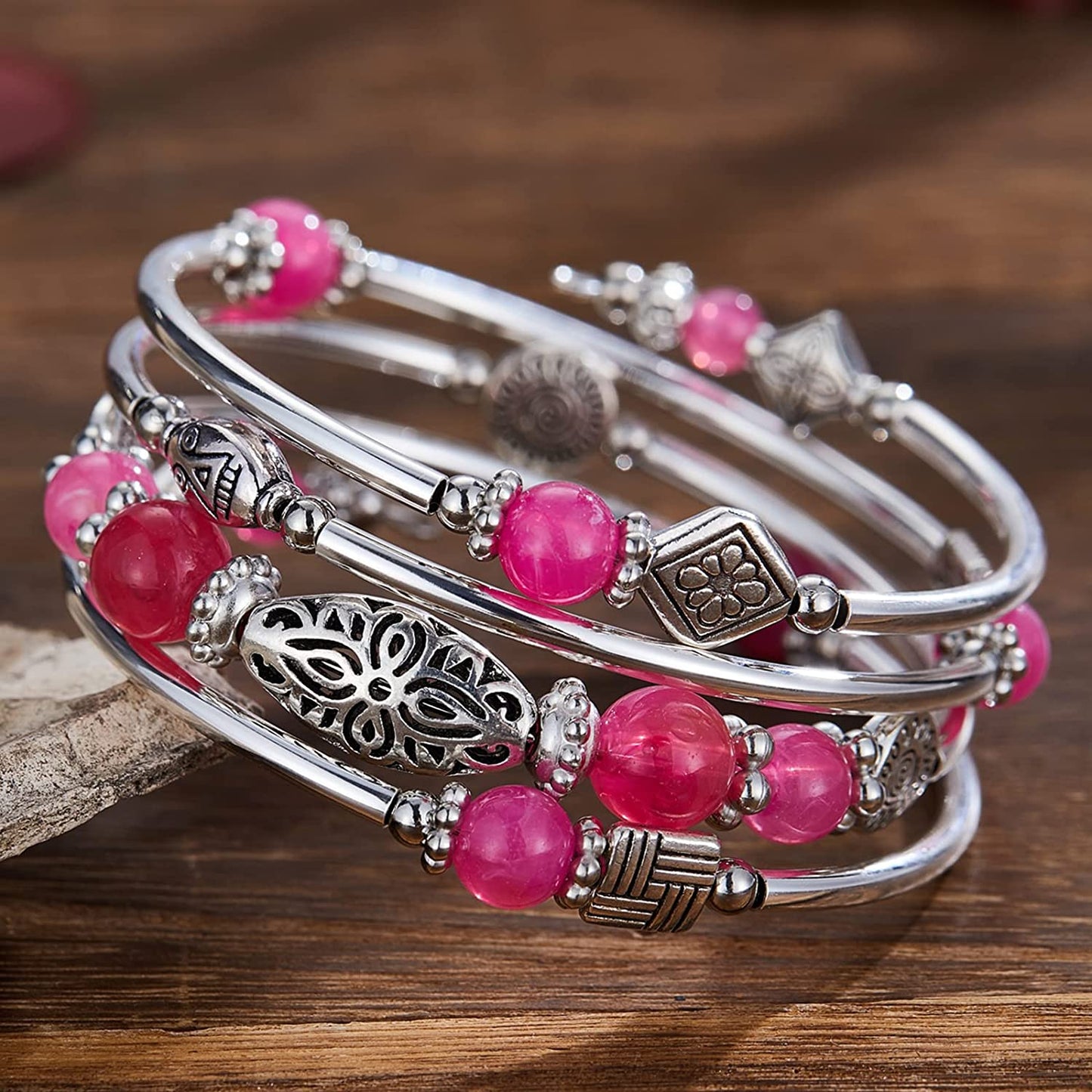 Layered Wrap Bangle Turquoise Bracelet-Bead Bracelet w/ Natural Agate Stone, 03-Hot Pink