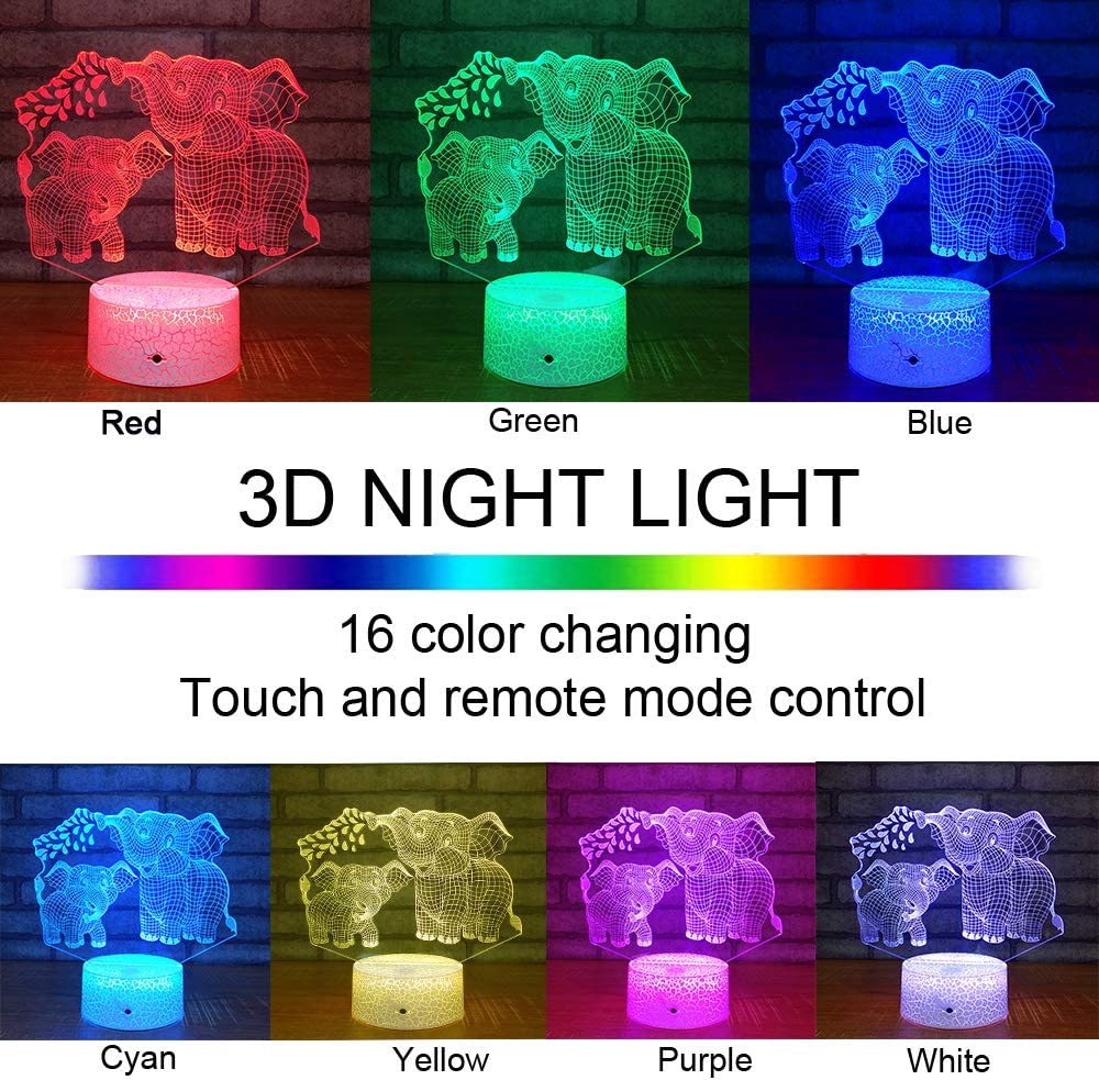 Elephant 3D Night Light for Kids 3 Lamp w/ 16 Colors Changing & Remote Control