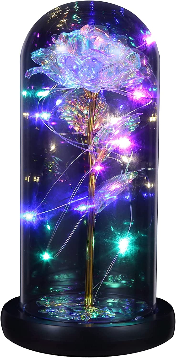 Galaxy Flower Rose Gift, Artificial Rose Flower LED Light String on Glass Colorful Flowers