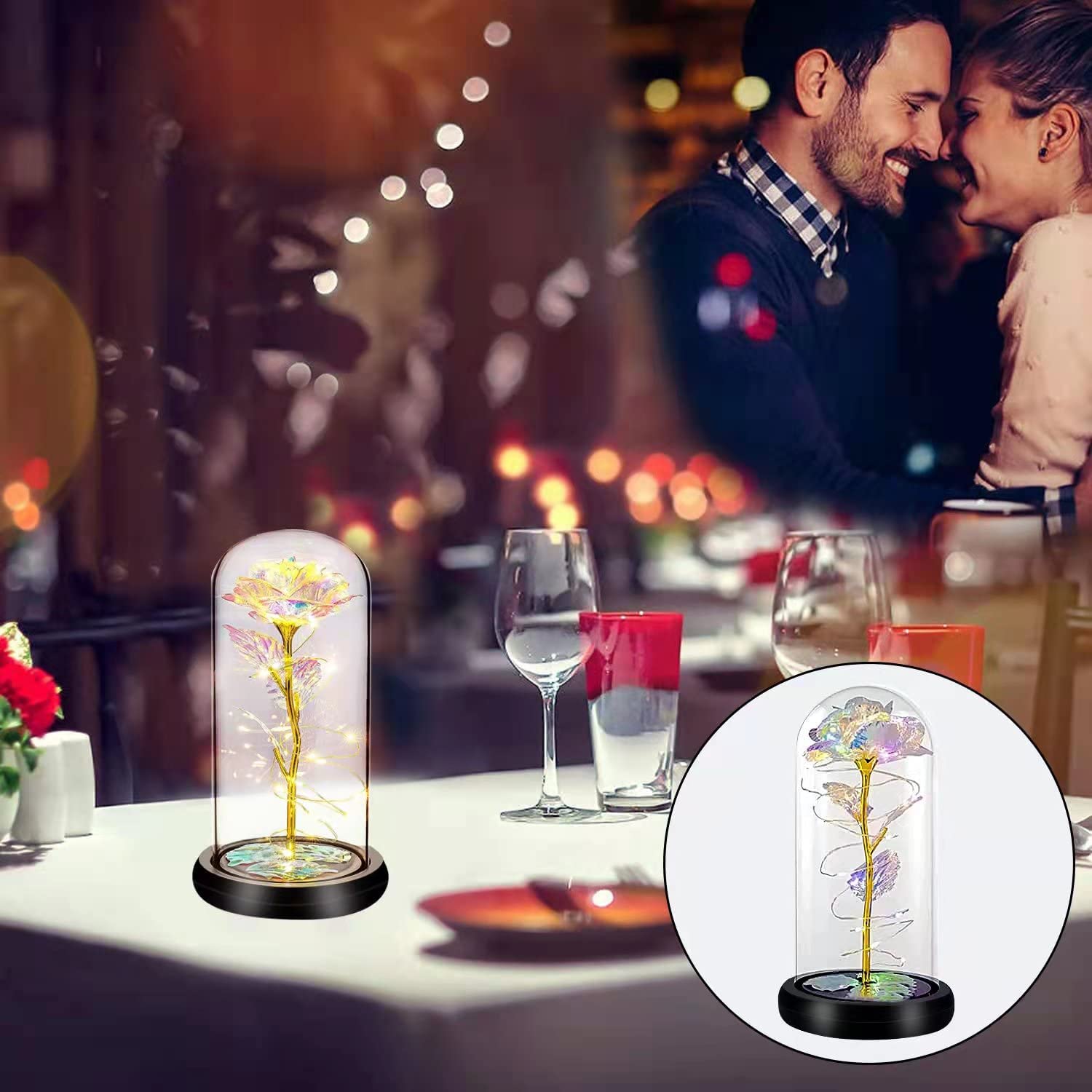 Galaxy Flower Rose Gifts, Artificial Flower Rose w/ LED Flowers in Glass Dome