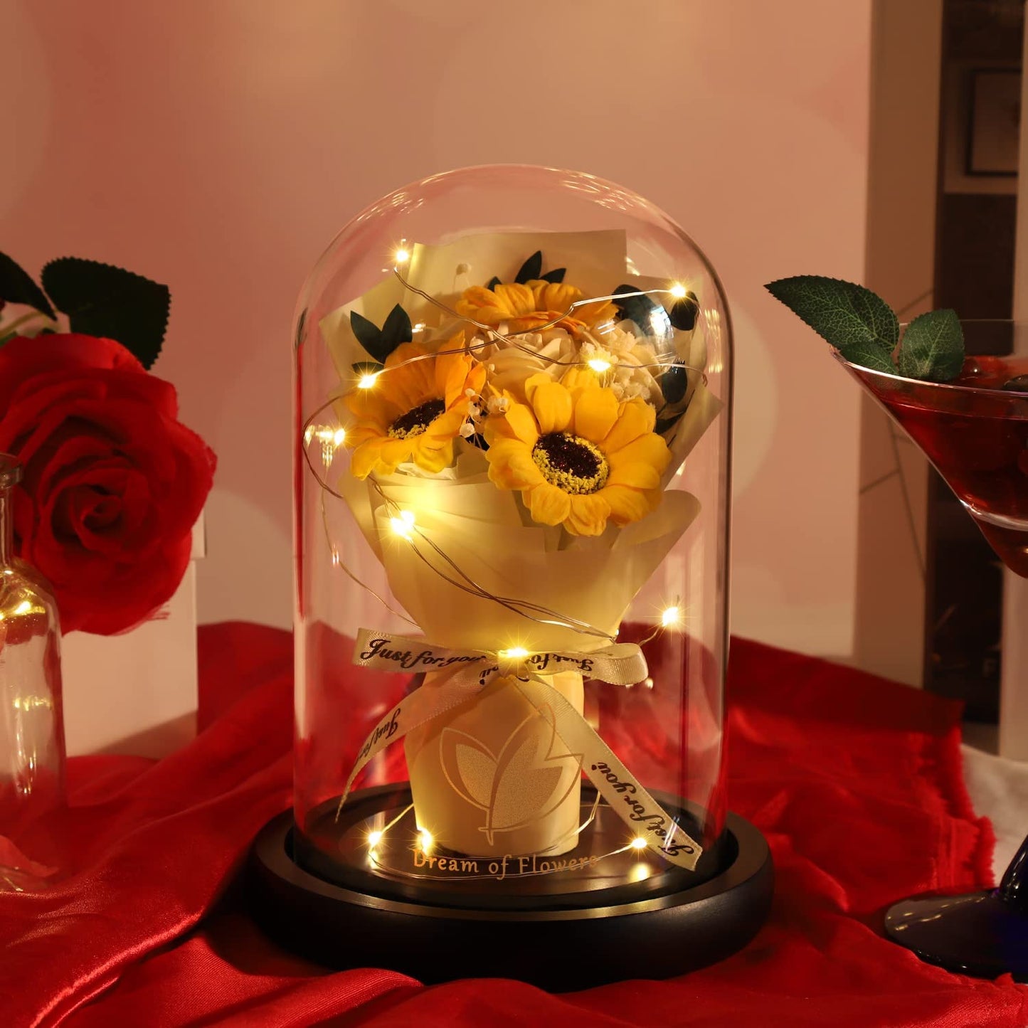 Valentines Flowers Gifts Artificial Flowers Bouquets, Sunflower Rose Flower Gift in Glass Dome