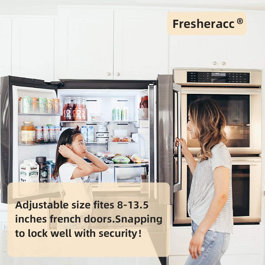 Fridge Freezer Refrigerator Cabinet Lock Latch, (2 Packs) Adjustable French Door Guard for Toddlers Children -No Drill No Screw No Adhesive (2 Packs Black)