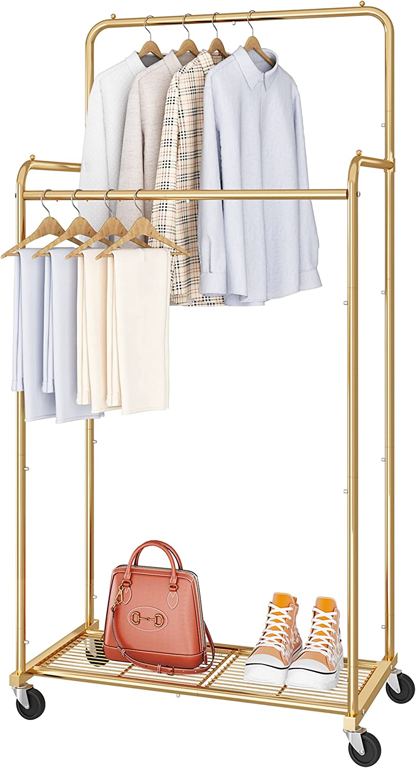 Double Rod Rolling Clothes Garment Rack, Heavy Duty for Hanging Clothes w/ 4 Hooks, Gold