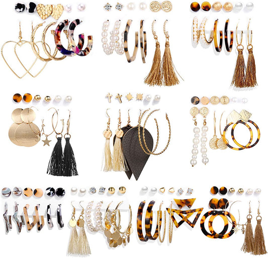 60 Pairs Fashion Earrings with Leopard Hoop Stud Jacket Earrings, Tassel Dangling