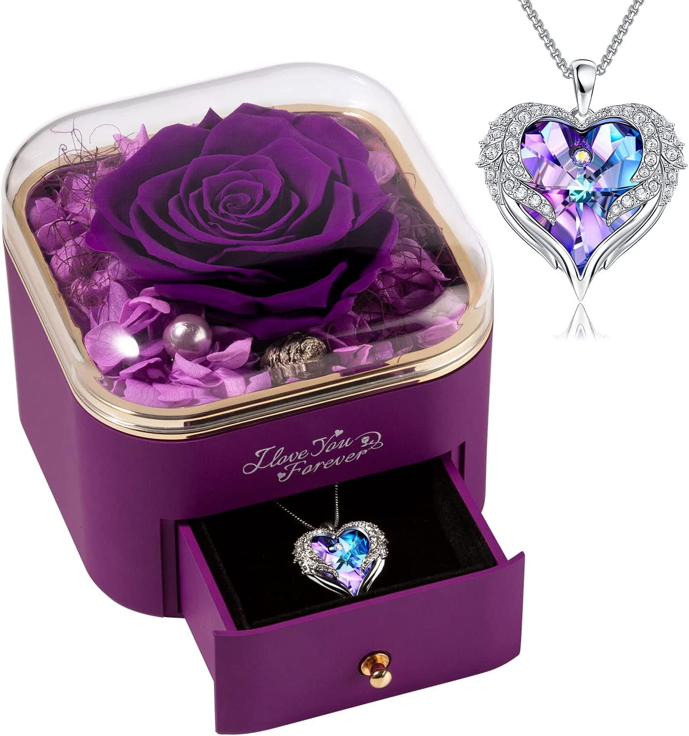 Valentines Day Gifts for Her Preserved Purple Rose with Purple Necklace for Women