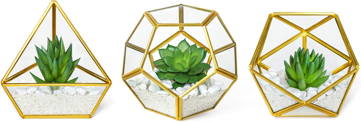 Artificial Succulent in 3 Pack Mini Glass Geometric Terrarium, Miniature Potted Faux Plant Bookshelf Desk Boho Office Room Decor for Women Girls Dorm Gift Idea, Gold