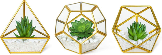 Artificial Succulent in 3 Pack Mini Glass Geometric Terrarium, Miniature Potted Faux Plant Bookshelf Desk Boho Office Room Decor for Women Girls Dorm Gift Idea, Gold