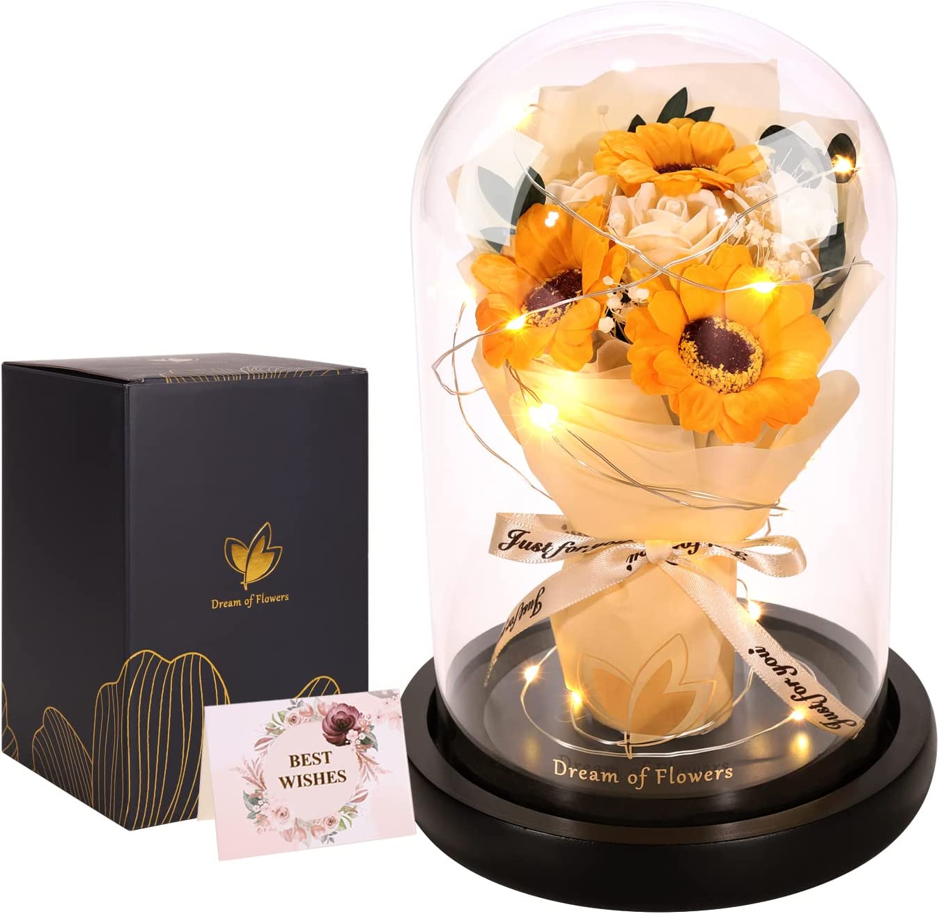 Valentines Flowers Gifts Artificial Flowers Bouquets, Sunflower Rose Flower Gift in Glass Dome