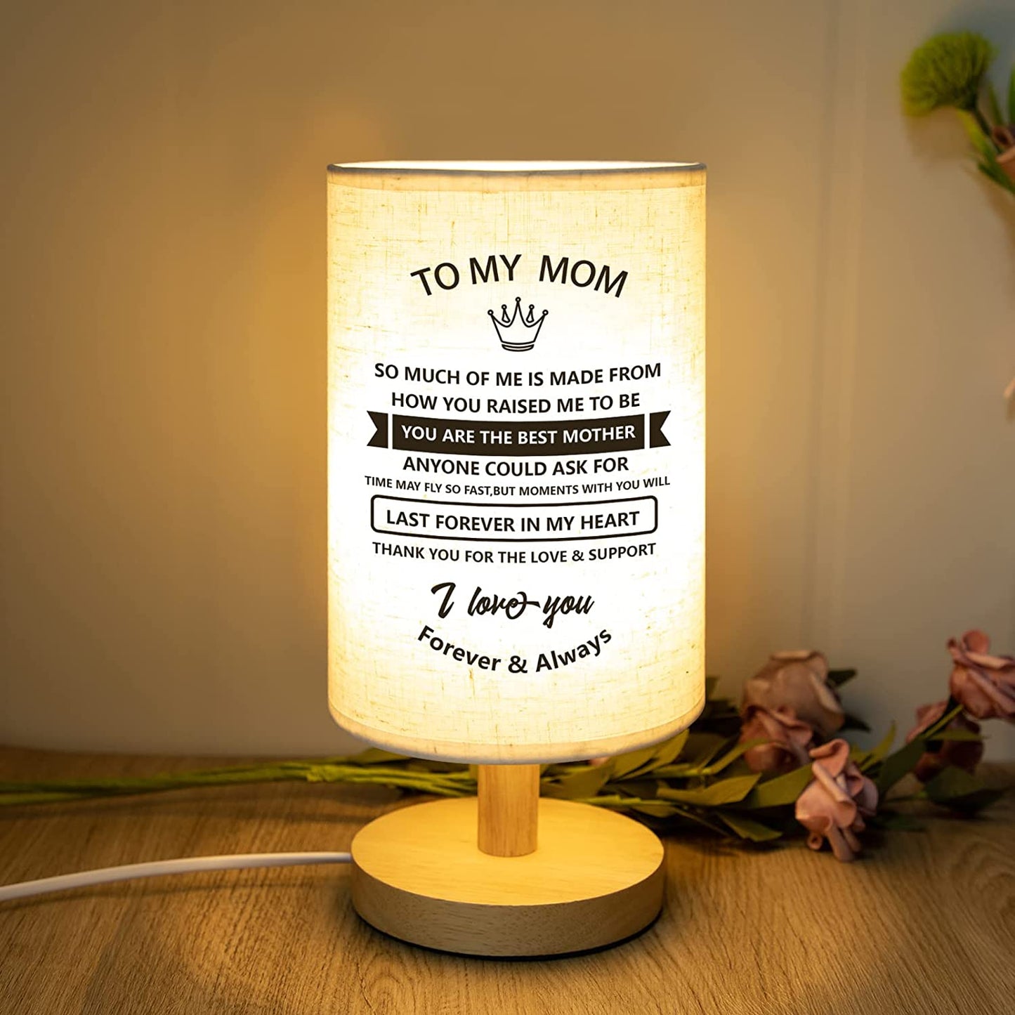 Mom Birthday/ Mothers Day Gifts - Fabric Wooden Desk Table Lamp for Bedroom Living Room