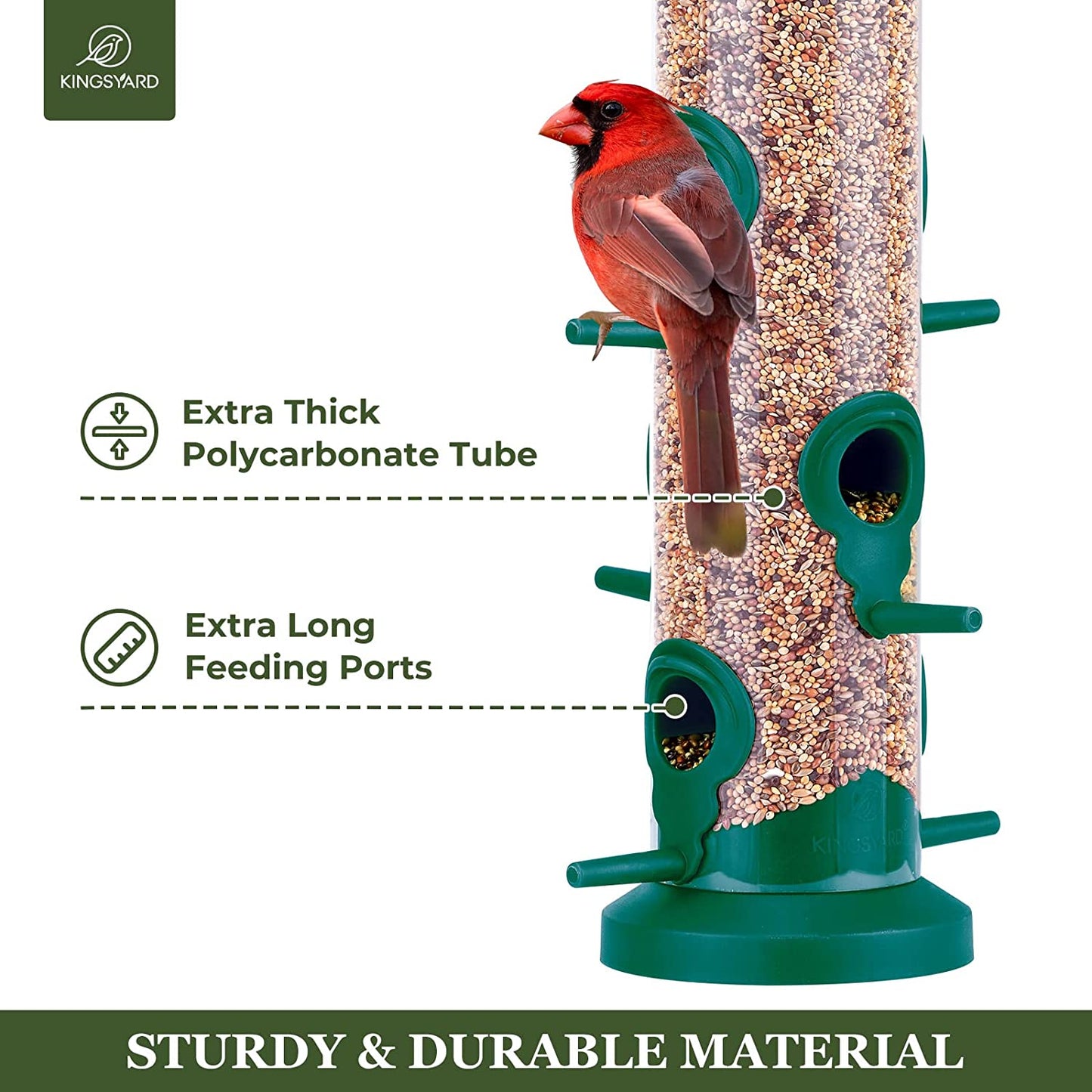 2 Pack Tube Bird Feeders for Outdoors Hanging, Premium Hard Plastic w/ 6 Feeding Ports, Weatherproof & Steel Hanger, Attracting for Wild Birds (Green)
