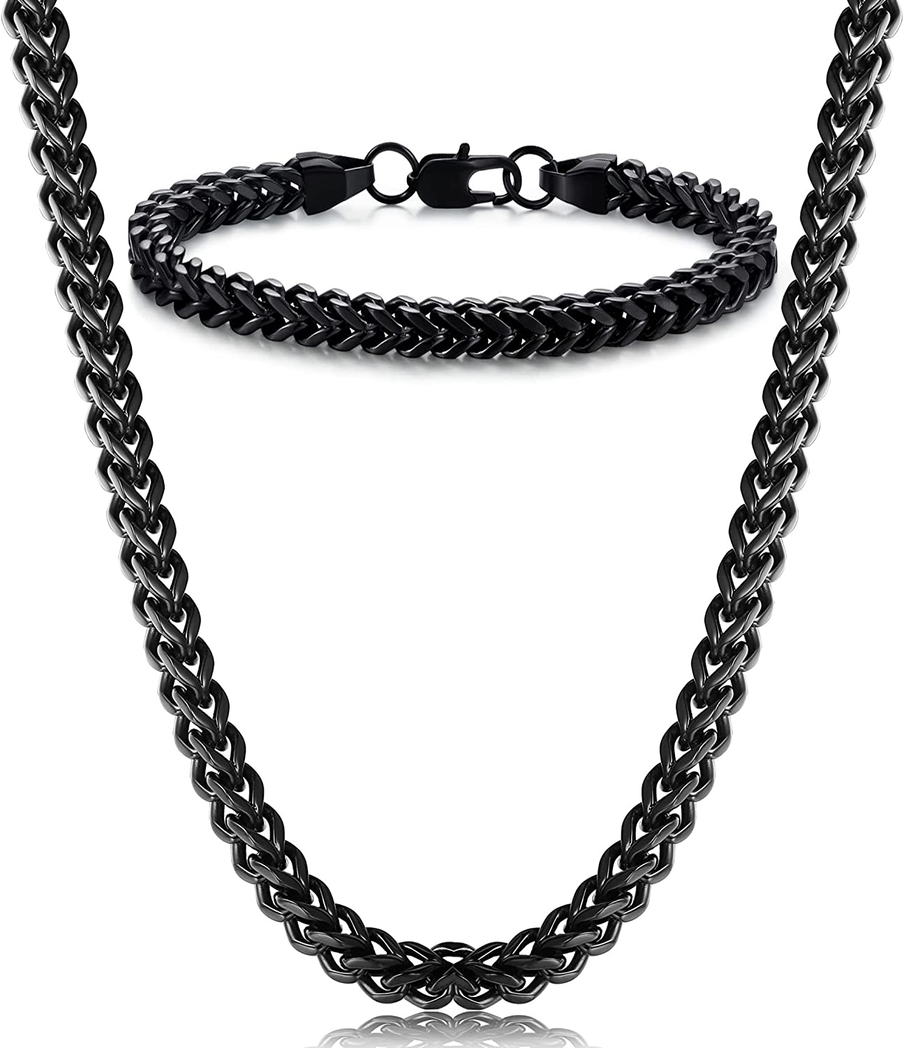 Stainless Steel Wheat Chain for Men Necklace Bracelet Set 5mm in W, 22" 8.5", Black-tone