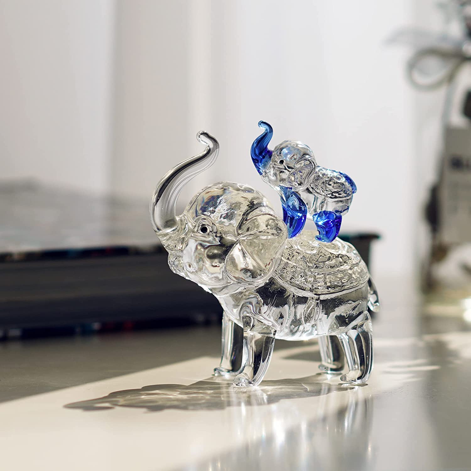 Crystal Figurines Mother Son Glass Elephants with Trunk Up