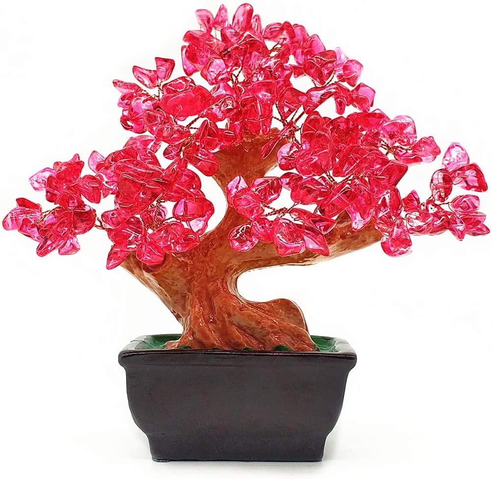 Feng Shui Quartz Crystal Money Tree Bonsai Style Decoration for Luck & Wealth (Red)