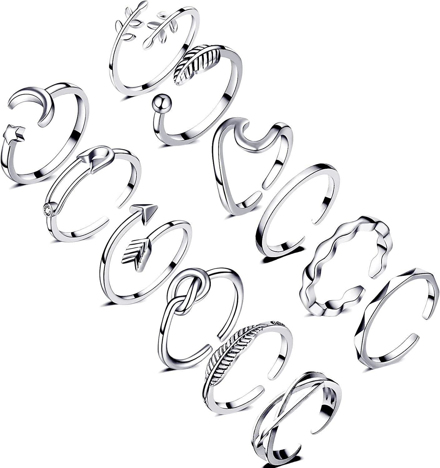 12PCS Silver A, Adjustable Knuckle Rings for Women, 14K Simple Gold Stackin, Open Knot