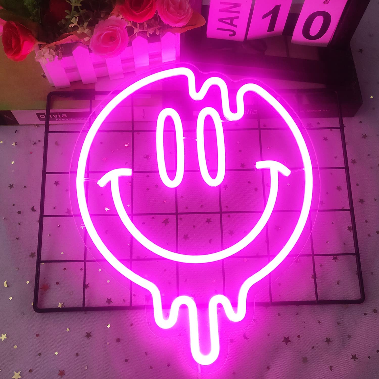 Smiley Face Neon Sign Dimmable Led for Wall Decoration-:Pink