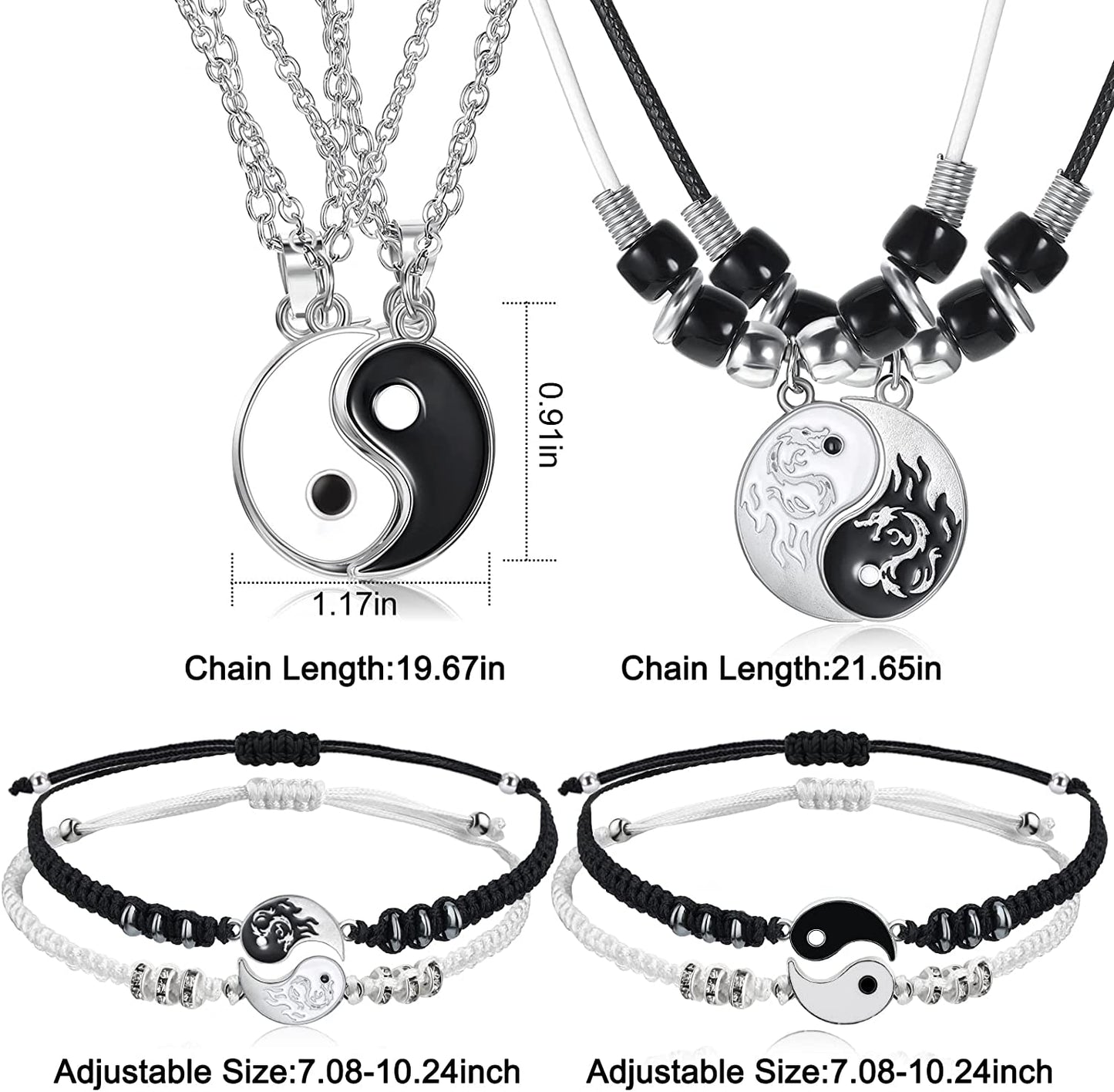 8 Pieces Matching Yin Yang Pendant Necklace Bracelet Set Couple Adjustable Black White, Chic Style