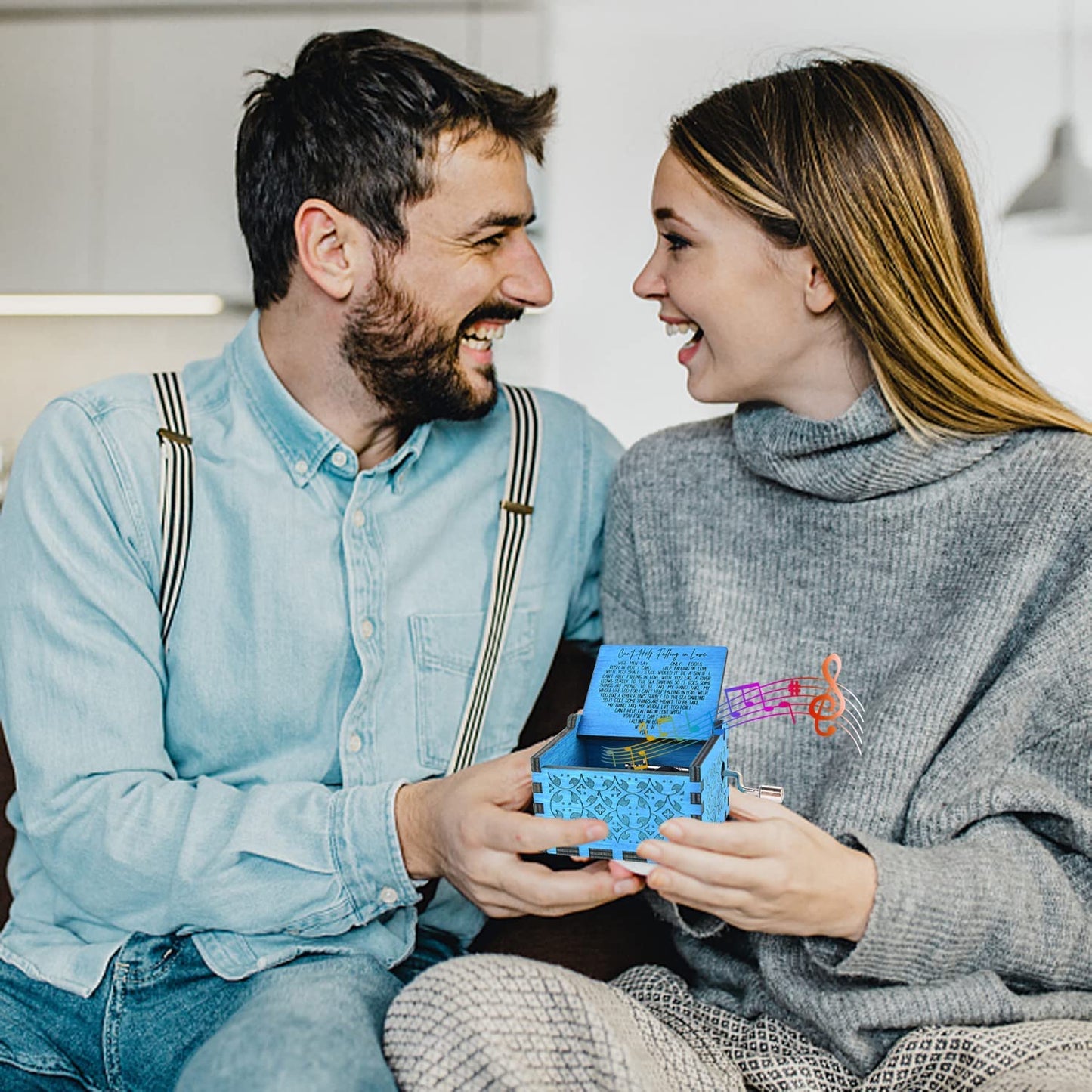 Can't Help Falling in Love Wood Music Box, Antique Engraved Best Gift for Valentines Day   (Blue)