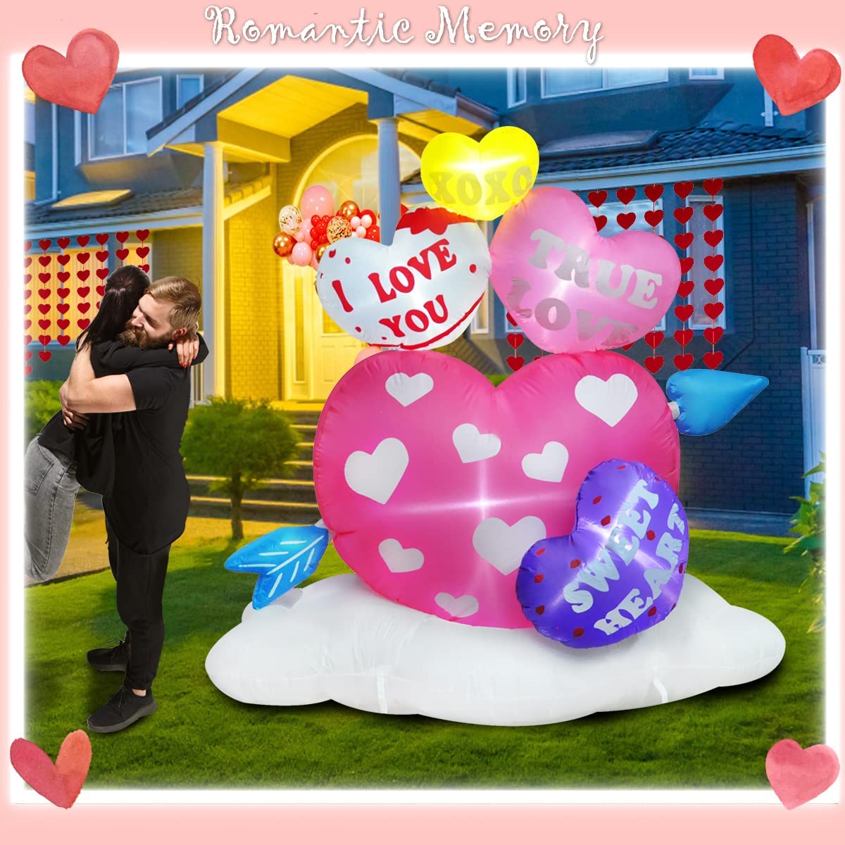 6ft Inflatable Valentine Hearts with Arrow Decoration, LED Blow Up Lighted Decor