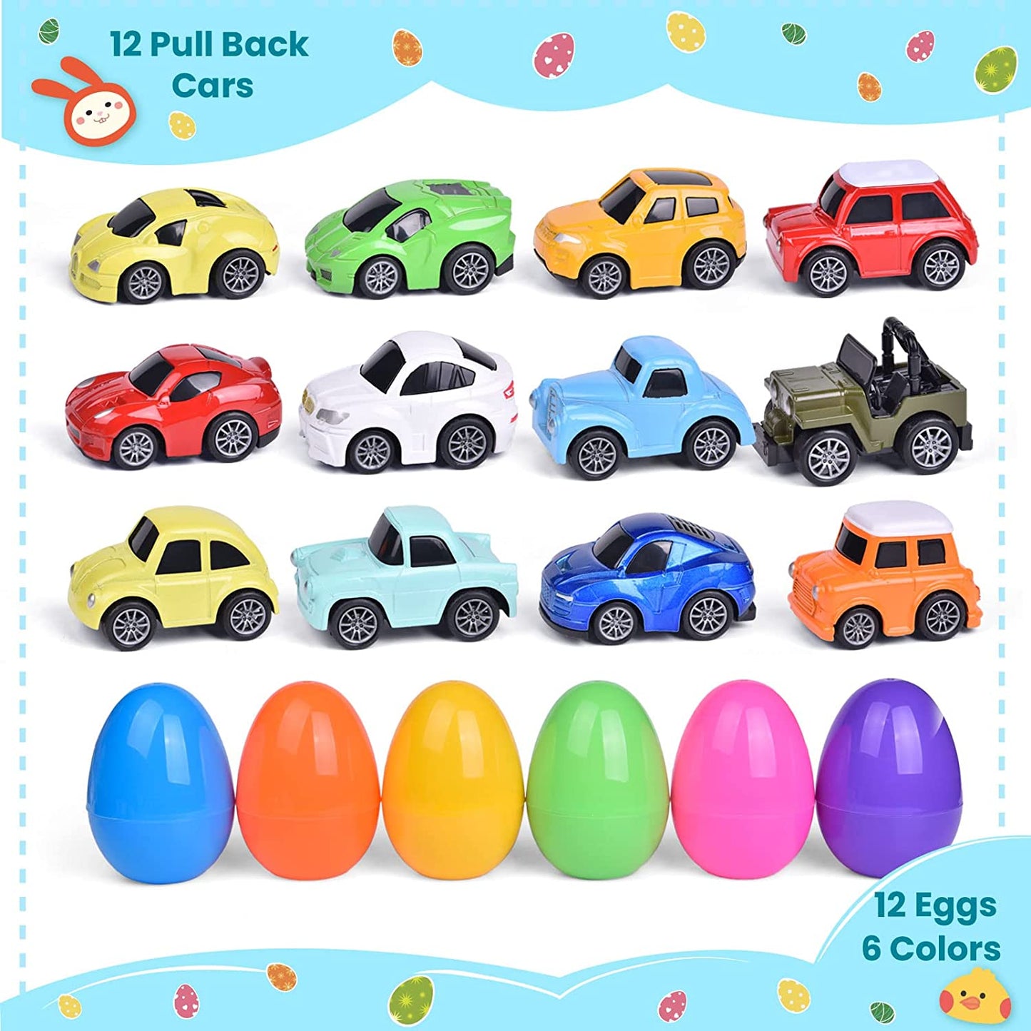 12Packs Easter Eggs Prefilled with Pull Back Cars, Diecast Cars Toy Vehicles for Toddlers, Easter Basket Stuffers