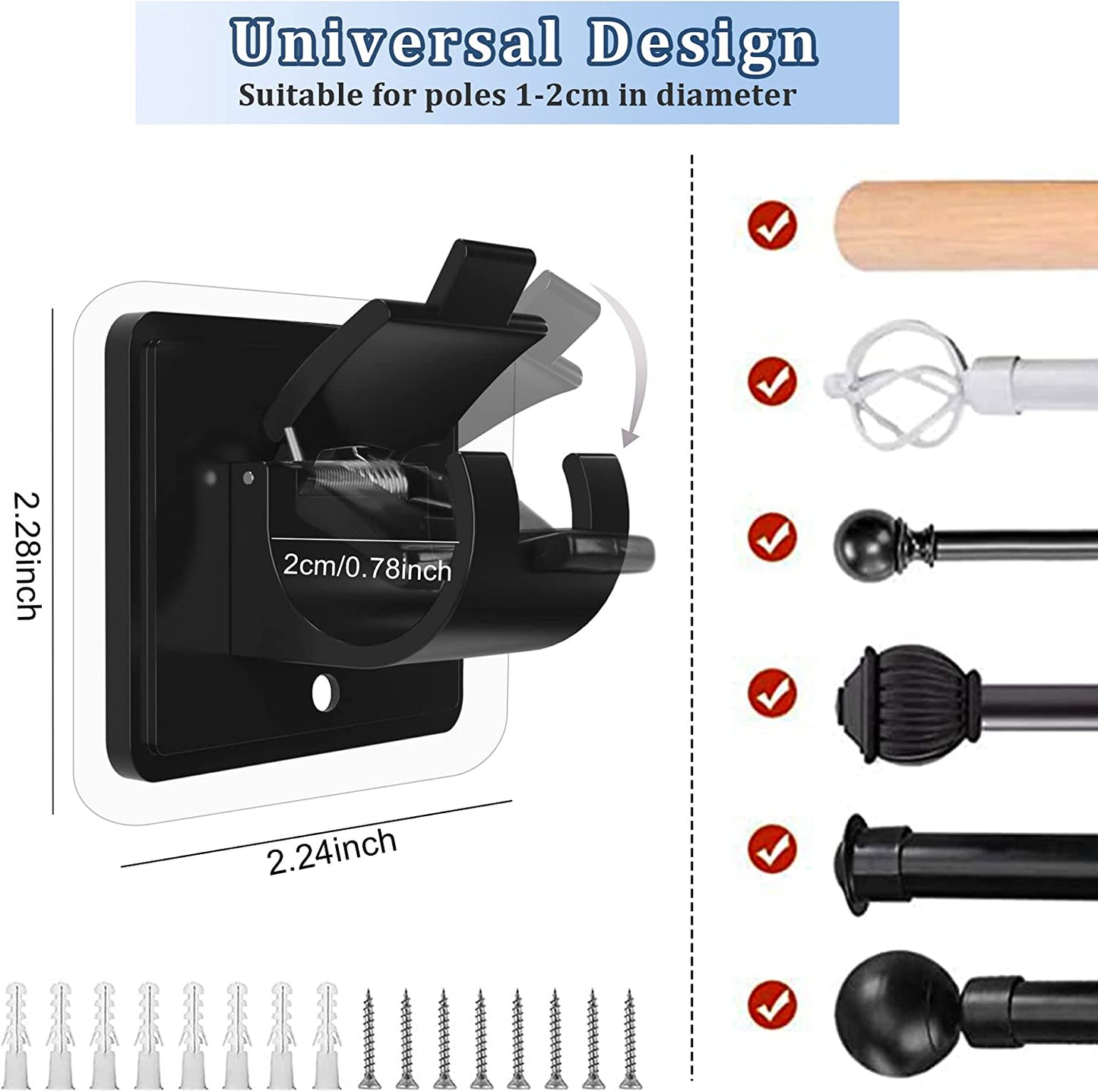 10PCS Self Adhesive Curtain Rod Holders No Drill Brackets Nail Free Adjustable (Black)