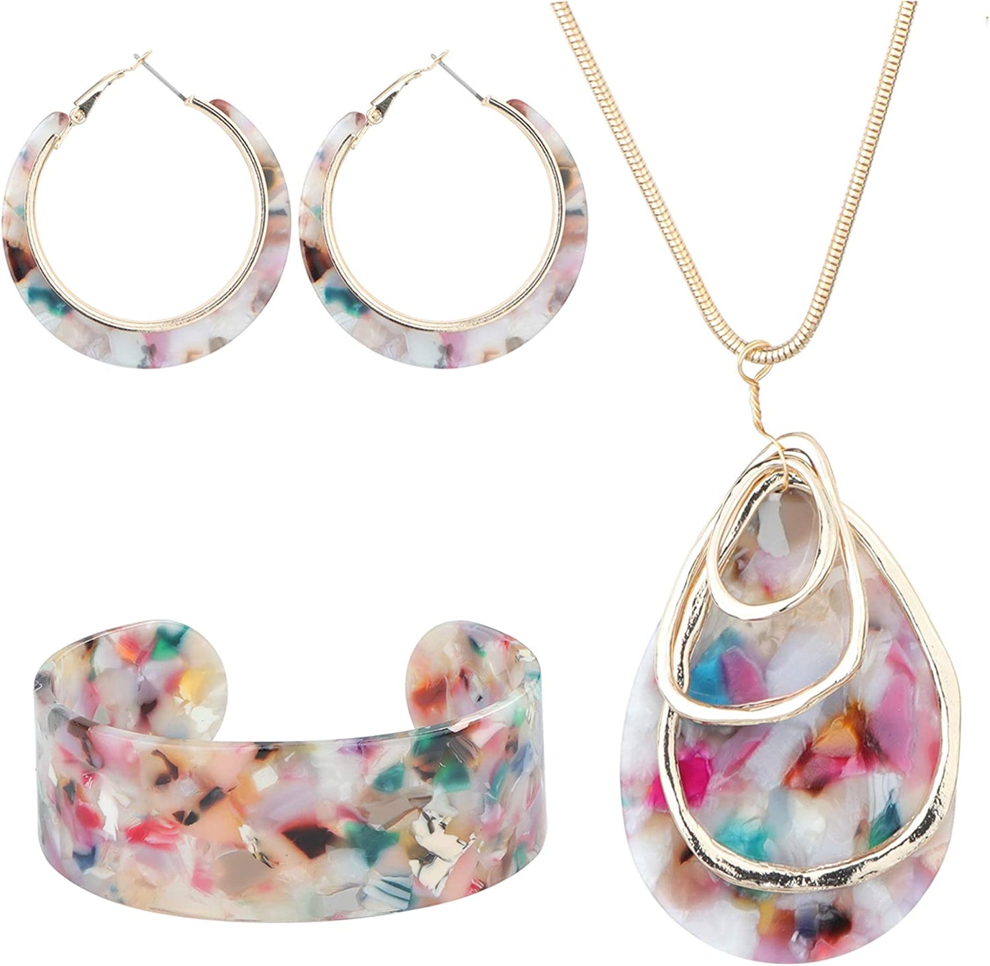 Acrylic Jewelry Set for Women Statement Boho Resin Earrings Necklace Bracelet, Floral