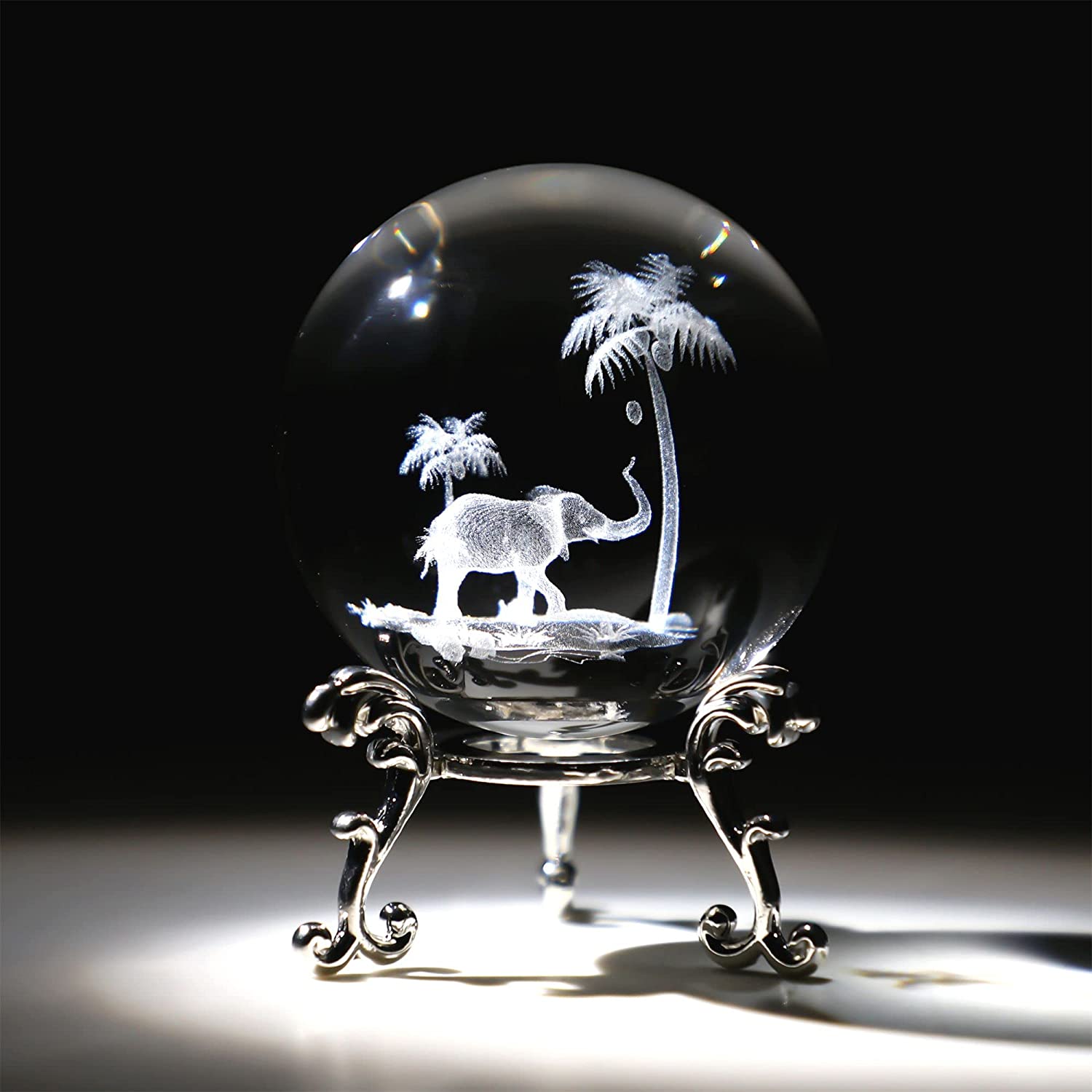 Tropical Elephant Crystal Ball Paperweight w/ Stand 60mm 3D Laser Engraved (Clear) Elephant-2