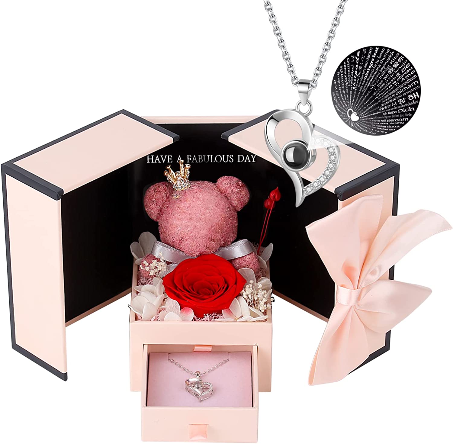 Valentines Day Gifts for Her Cute Preserved Real Red Rose Bear Gifts Box w/ I Love You Necklace