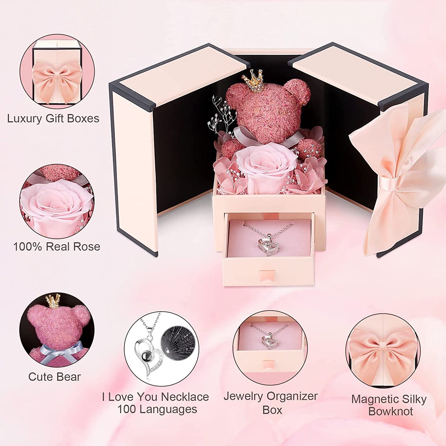 Cute Preserved Real Pink Rose Bear Gifts Box with I Love You Necklace Valentines Gift for Her