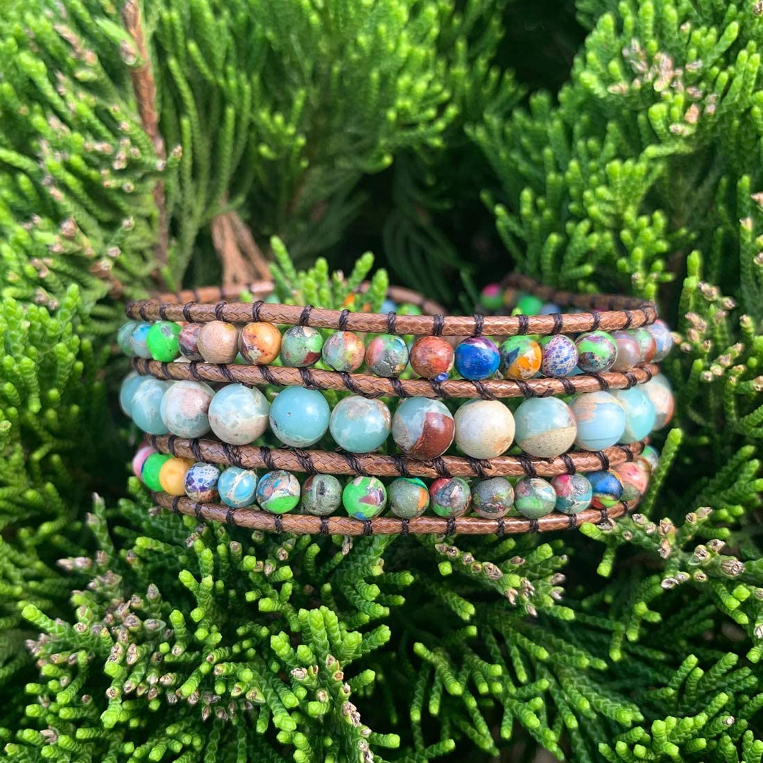 Boho Handmade Natural Stone Bead 3 Row Wide Wrap Wrist Bracelet