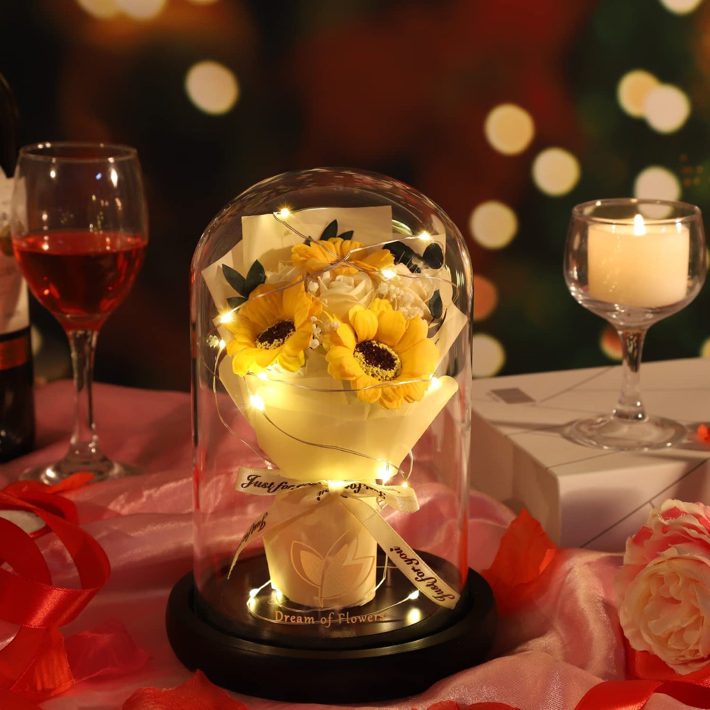 Valentines Flowers Gifts Artificial Flowers Bouquets, Sunflower Rose Flower Gift in Glass Dome